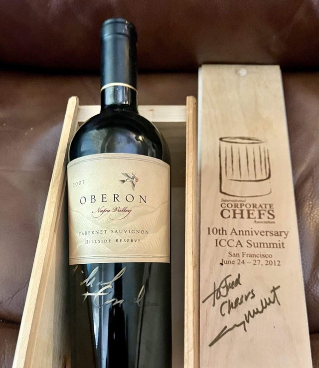 Engraved ICCA 10th Anniversary Summit box and signed Oberon wine bottle
